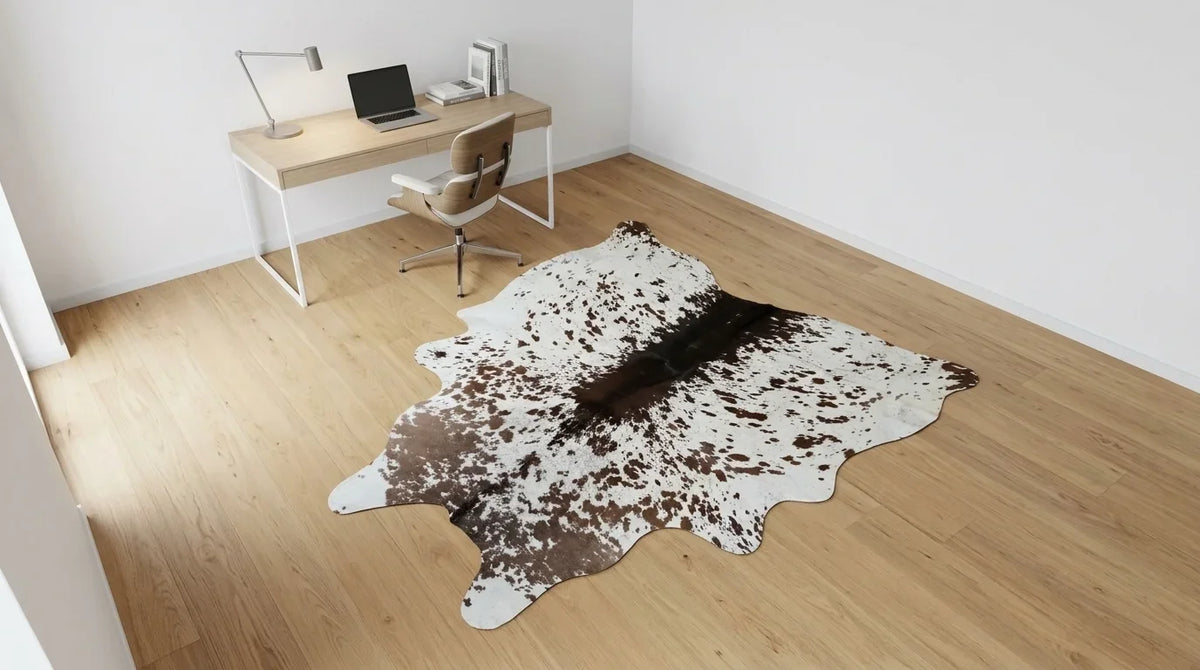 Brown and White cowhide rug under desk in contemporary european home office