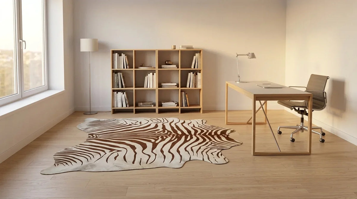 Brown and White cowhide rug under desk in contemporary european home office