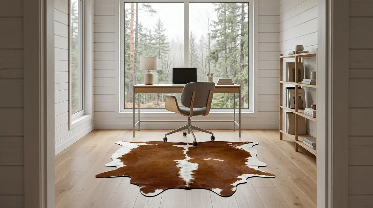Brown and White cowhide rug under desk in scandinavian cabin home office