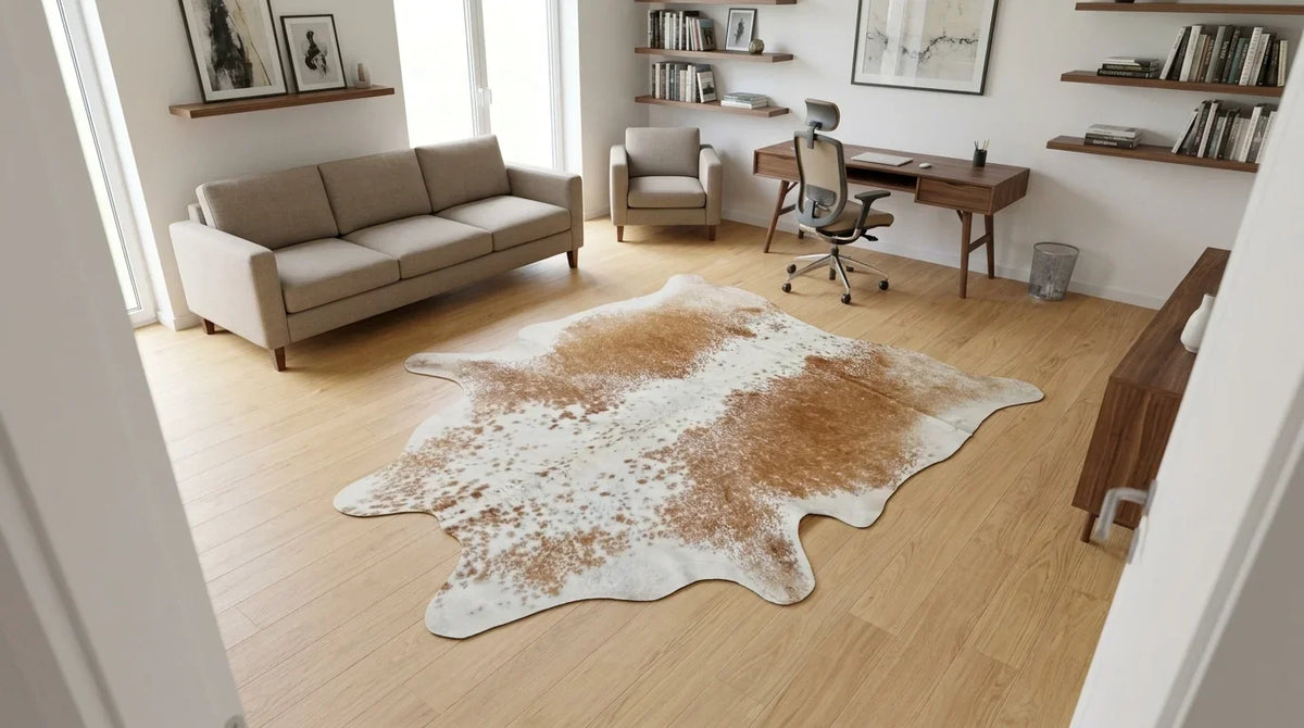 Brown and White cowhide rug under desk in contemporary european home office