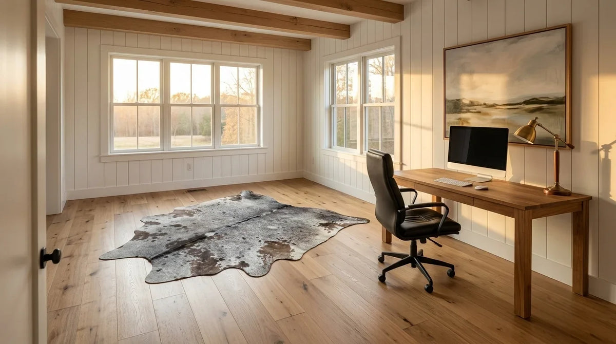 Kuhfell in Braun-Weiß im Arbeitszimmer im amerikanischen Landhausstil