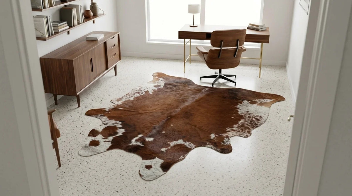 Brown and White cowhide rug under desk in Midcentury Modern home office