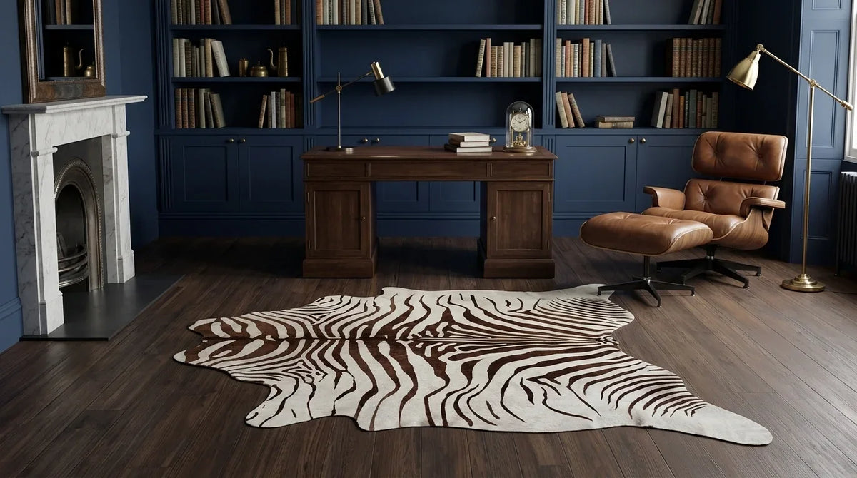 Brown and White cowhide rug under desk in london townhouse home office