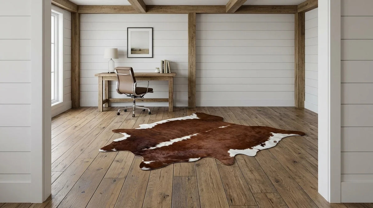 Brown and White cowhide rug under desk in modern farmhouse home office