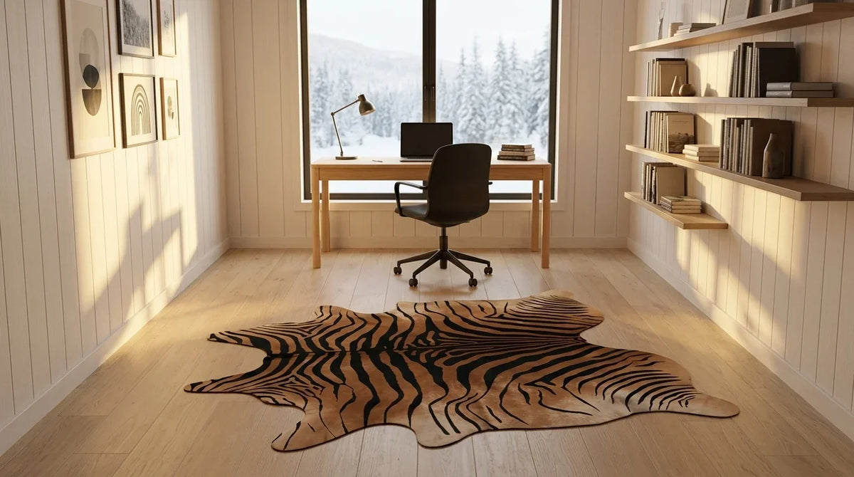 Brown and White cowhide rug under desk in scandinavian cabin home office