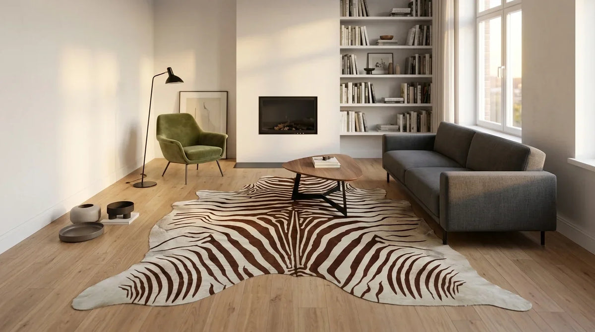 Brown and White cowhide rug on hardwood floor in contemporary european living room
