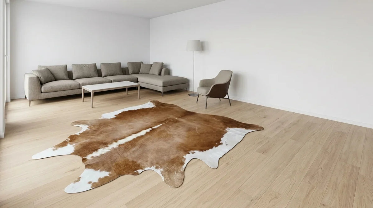 Brown and White cowhide rug on hardwood floor in contemporary european living room