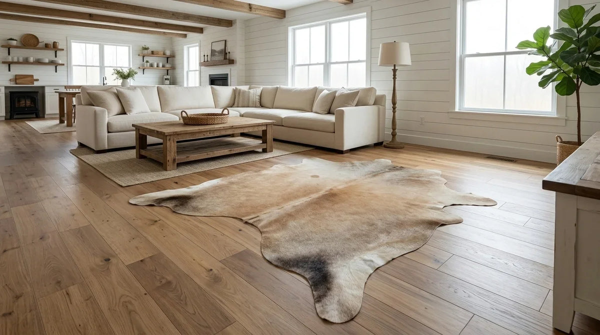 Brown and White cowhide rug on hardwood floor in modern farmhouse living room