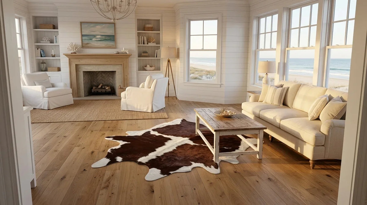 Brown and White cowhide rug on hardwood floor in Hamptons Coastal living room