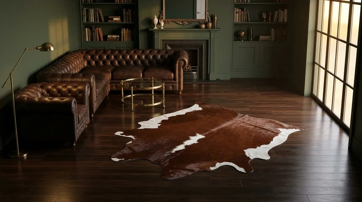Brown and White cowhide rug on hardwood floor in London Townhouse living room