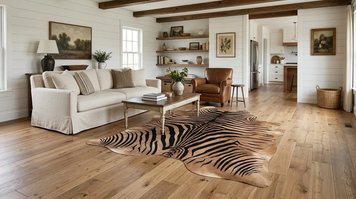 Brown and White cowhide rug on hardwood floor in modern farmhouse living room
