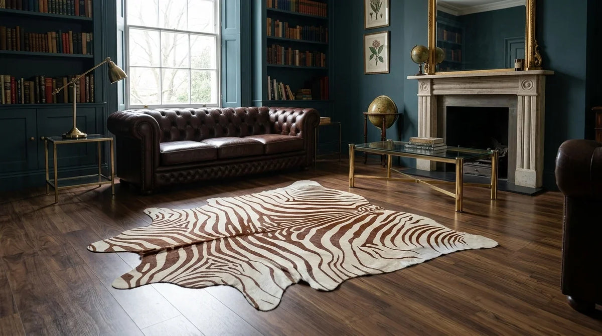 Brown and White cowhide rug on hardwood floor in london townhouse living room