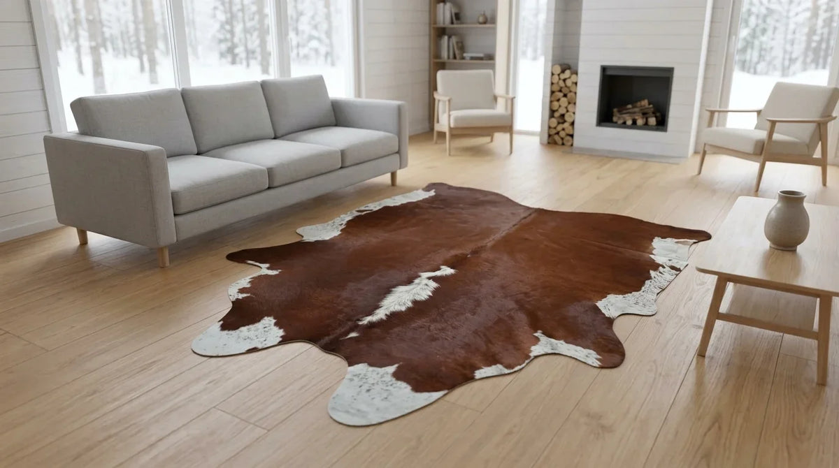 Kuhfell in Braun-Weiß im Wohnzimmer im skandinavischen Hüttenstil