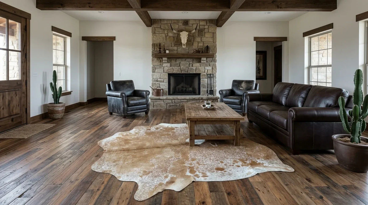 Brown and White cowhide rug on hardwood floor in Texas Ranch living room
