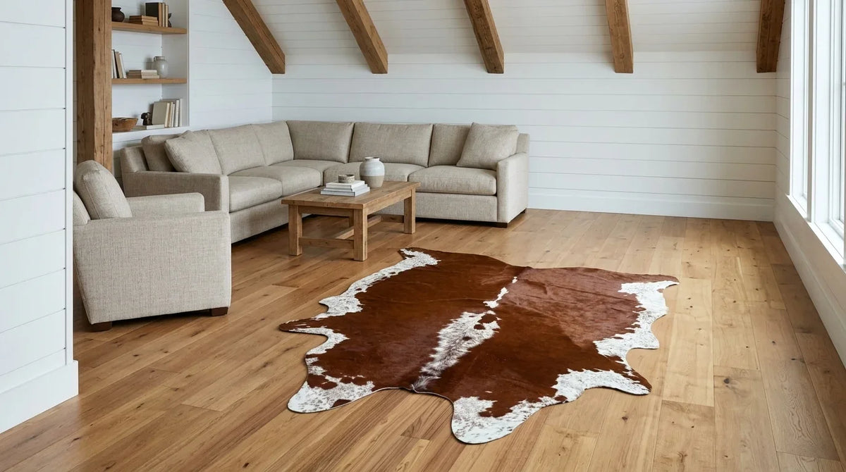 Brown and White cowhide rug on hardwood floor in modern farmhouse living room
