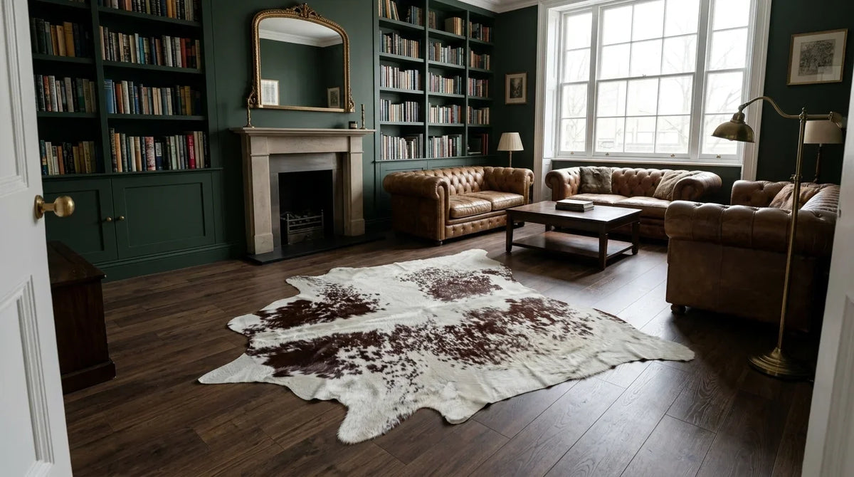 Brown and White cowhide rug on hardwood floor in london townhouse living room