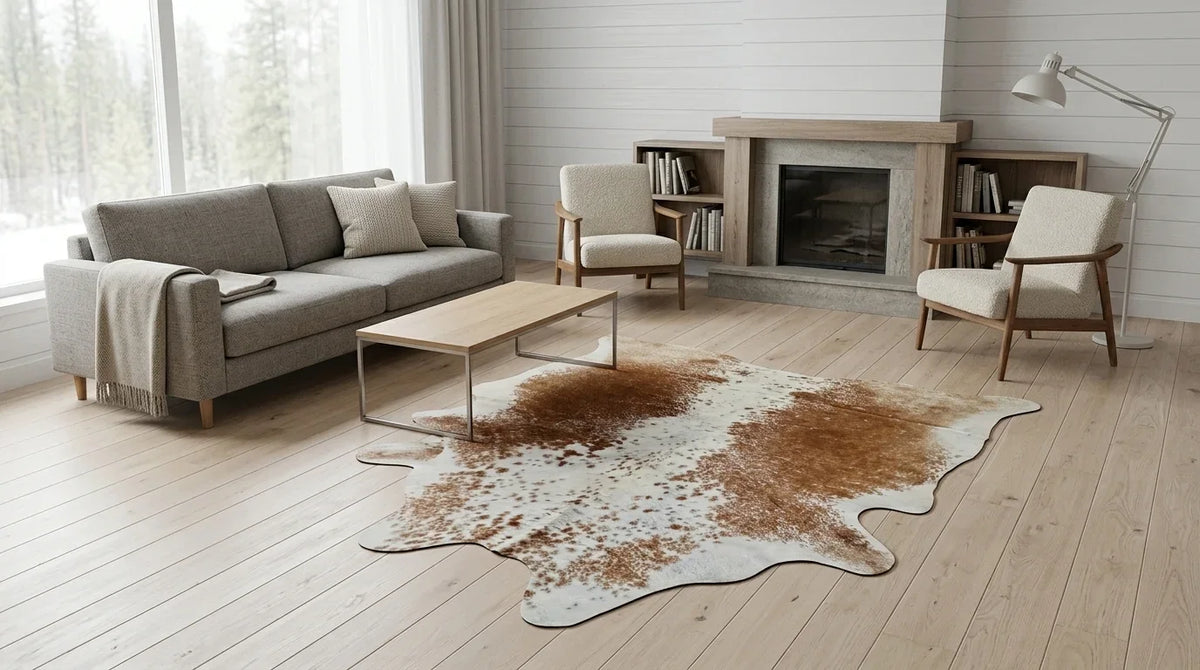 Brown and White cowhide rug on hardwood floor in scandinavian cabin living room