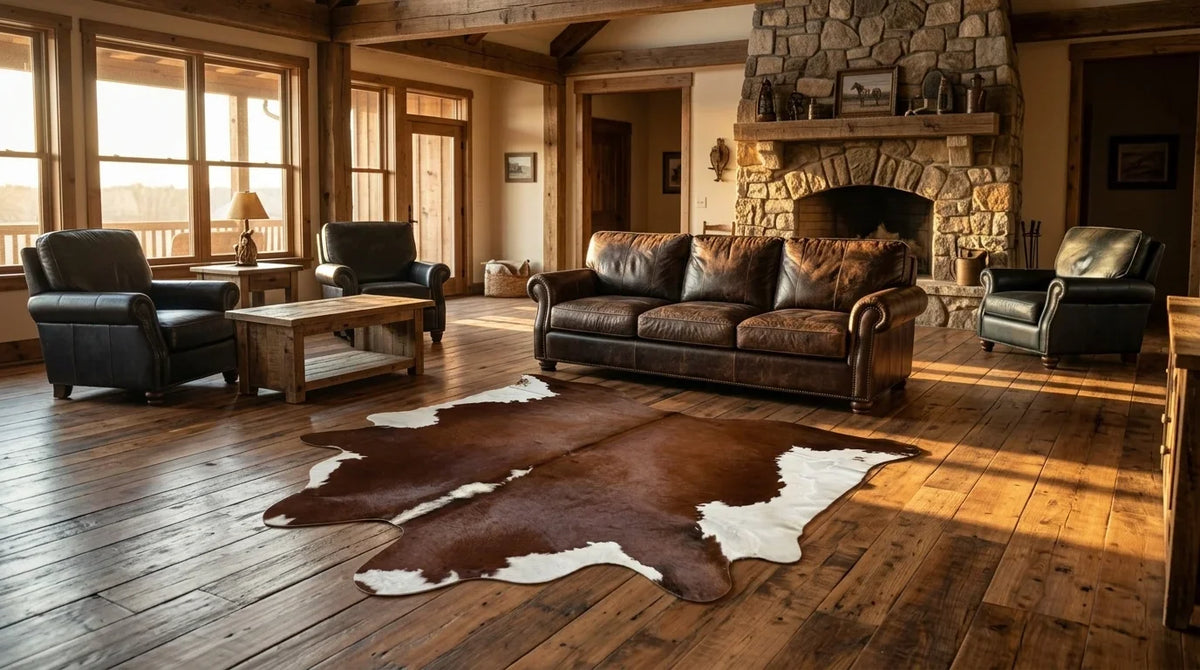 Brown and White cowhide rug on hardwood floor in texas ranch living room