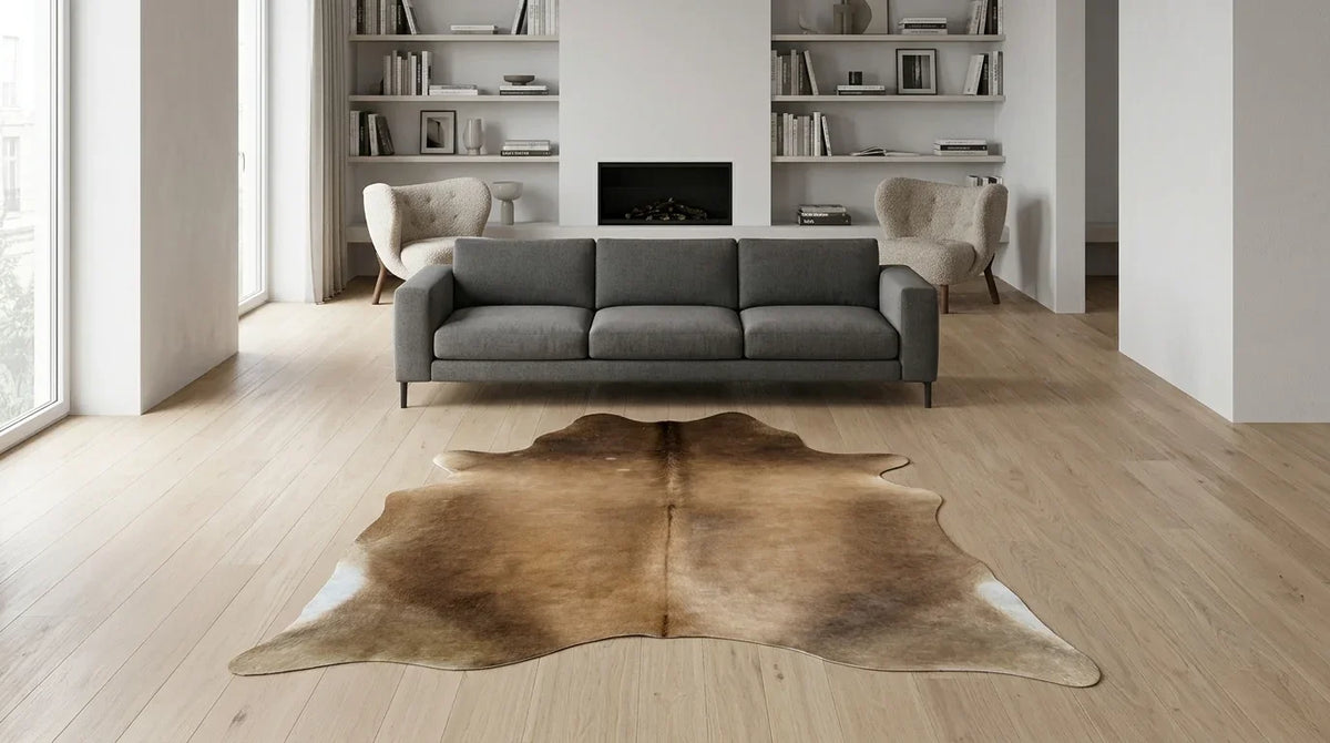 Brown and White cowhide rug on hardwood floor in contemporary european living room