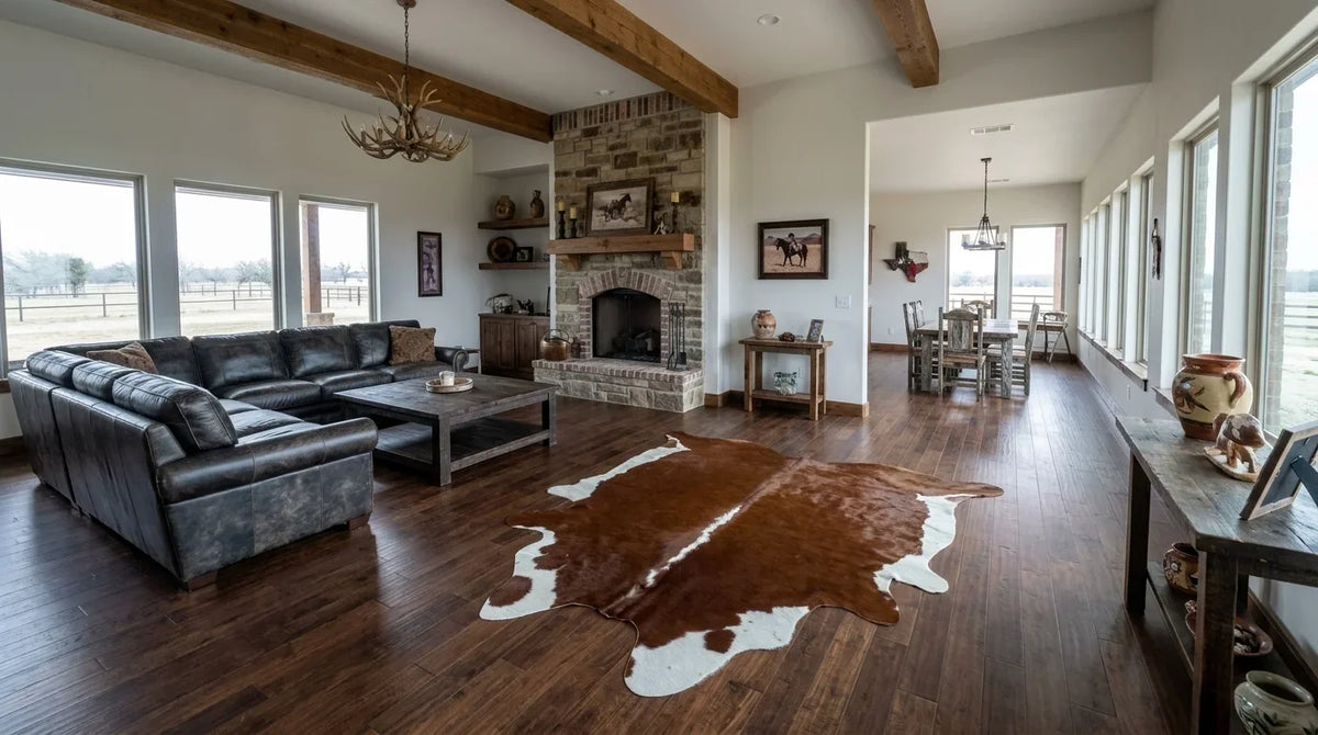 Kuhfell in Braun-Weiß im Wohnzimmer im texanischen Ranchstil