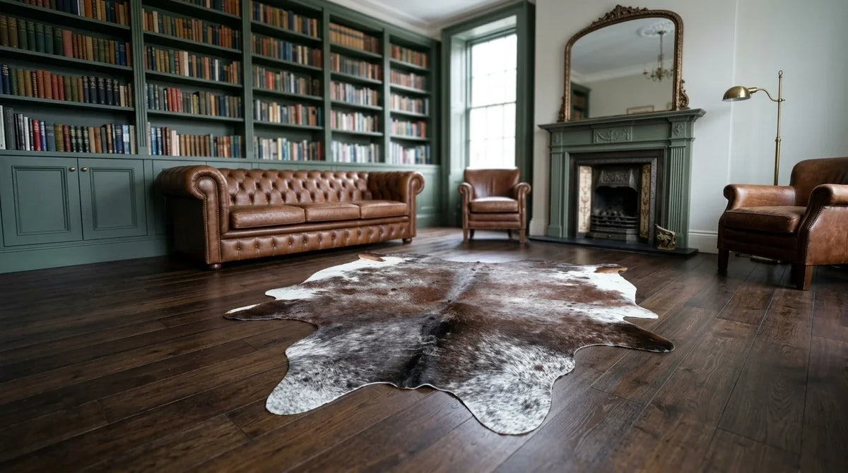 Brown and White cowhide rug on hardwood floor in london townhouse living room