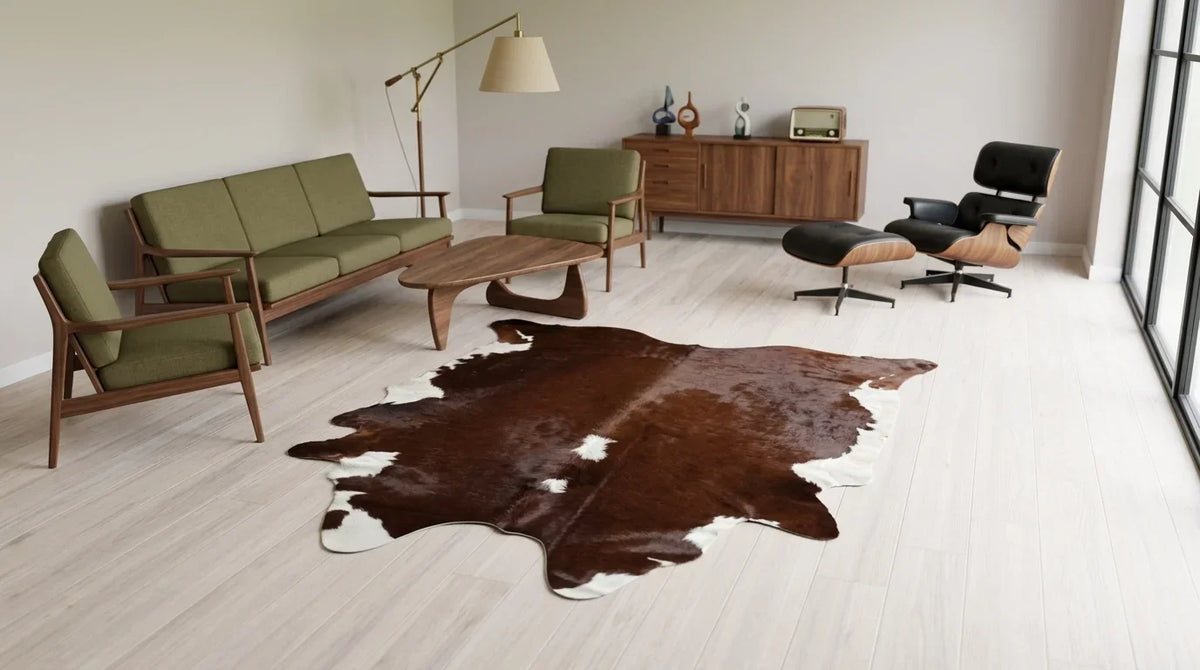 Brown and White cowhide rug on hardwood floor in Midcentury Modern living room