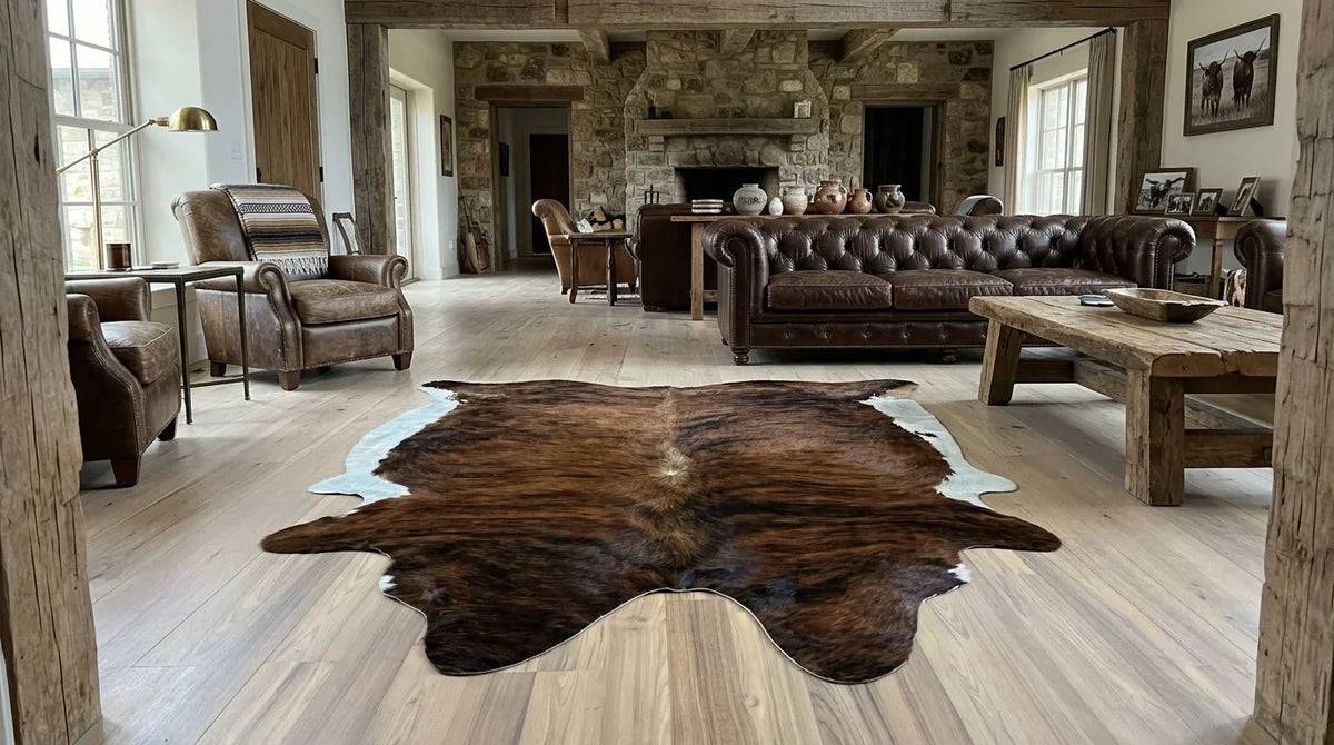 Brown and White cowhide rug on hardwood floor in texas ranch living room