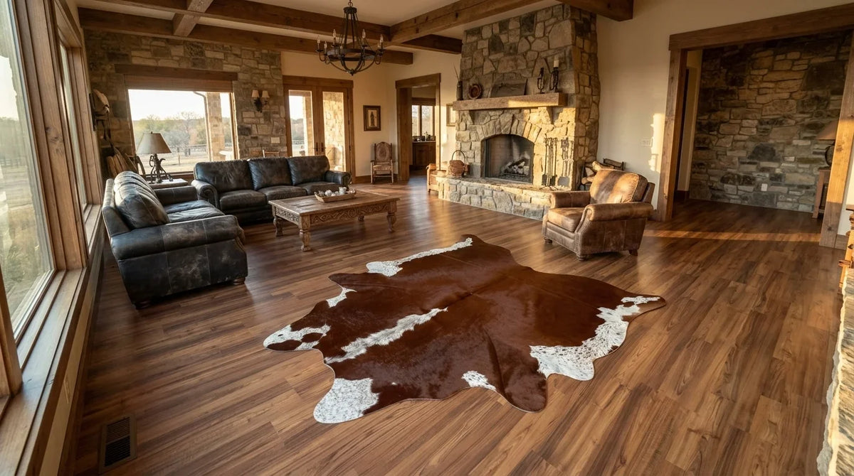 Brown and White cowhide rug on hardwood floor in texas ranch living room