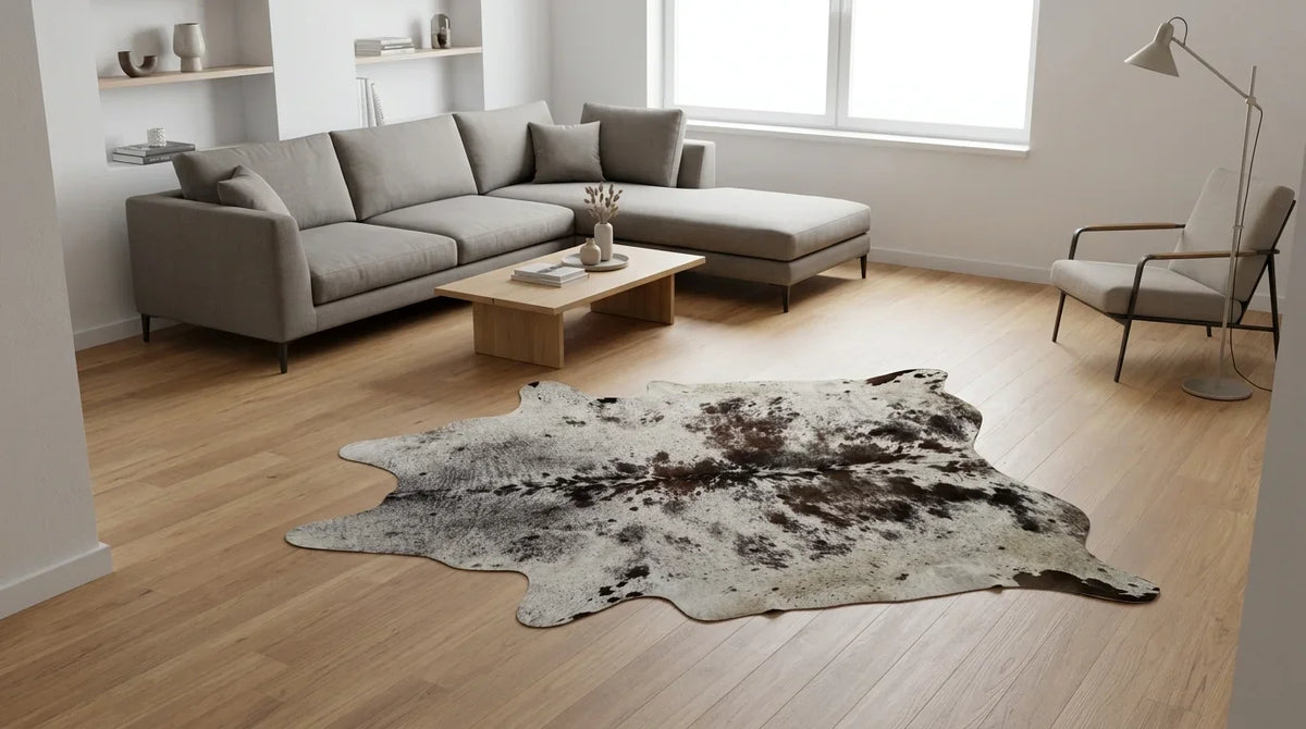 Brown and White cowhide rug on hardwood floor in Contemporary European living room