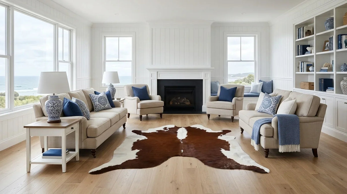 Brown and White cowhide rug on hardwood floor in hamptons coastal living room