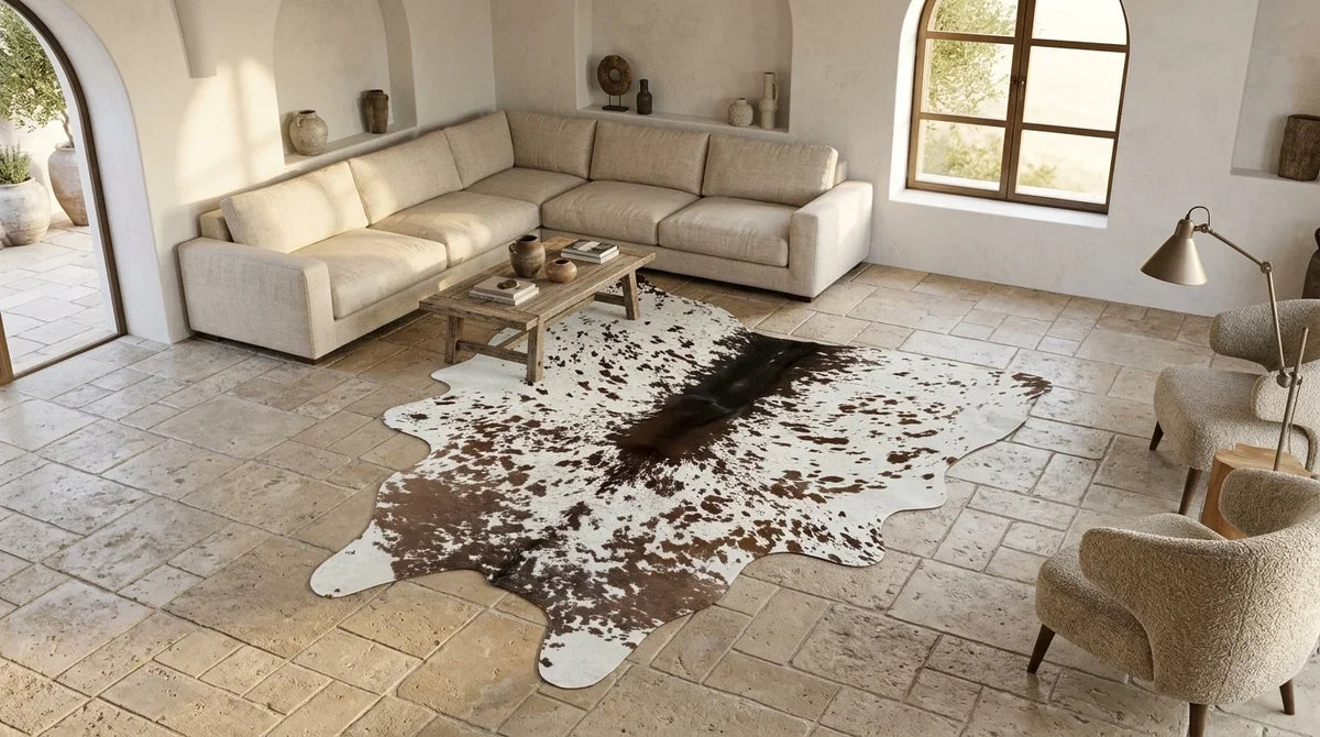 Brown and White cowhide rug on hardwood floor in organic mediterranean living room