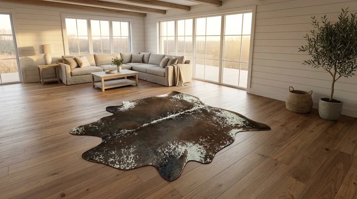 Brown and White cowhide rug on hardwood floor in modern farmhouse living room