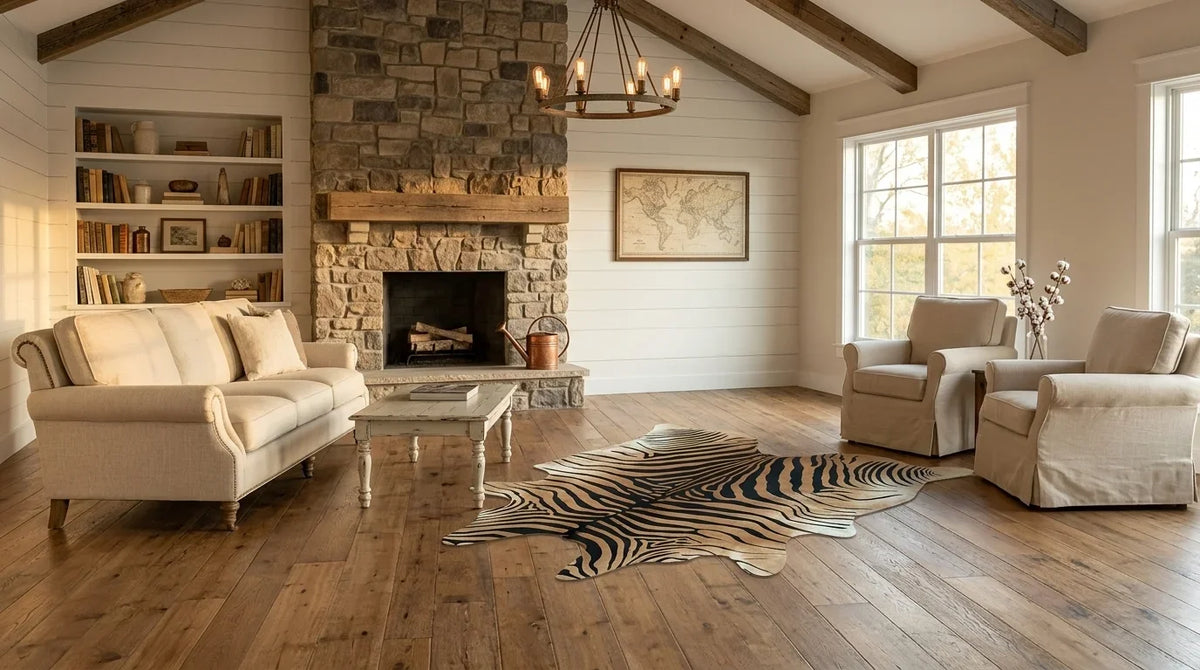 Brown and White cowhide rug on hardwood floor in modern farmhouse living room