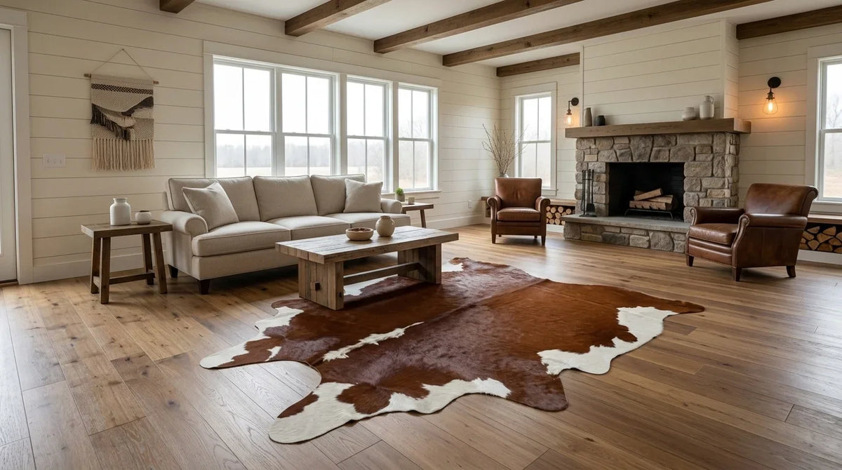 Brown and White cowhide rug on hardwood floor in modern farmhouse living room