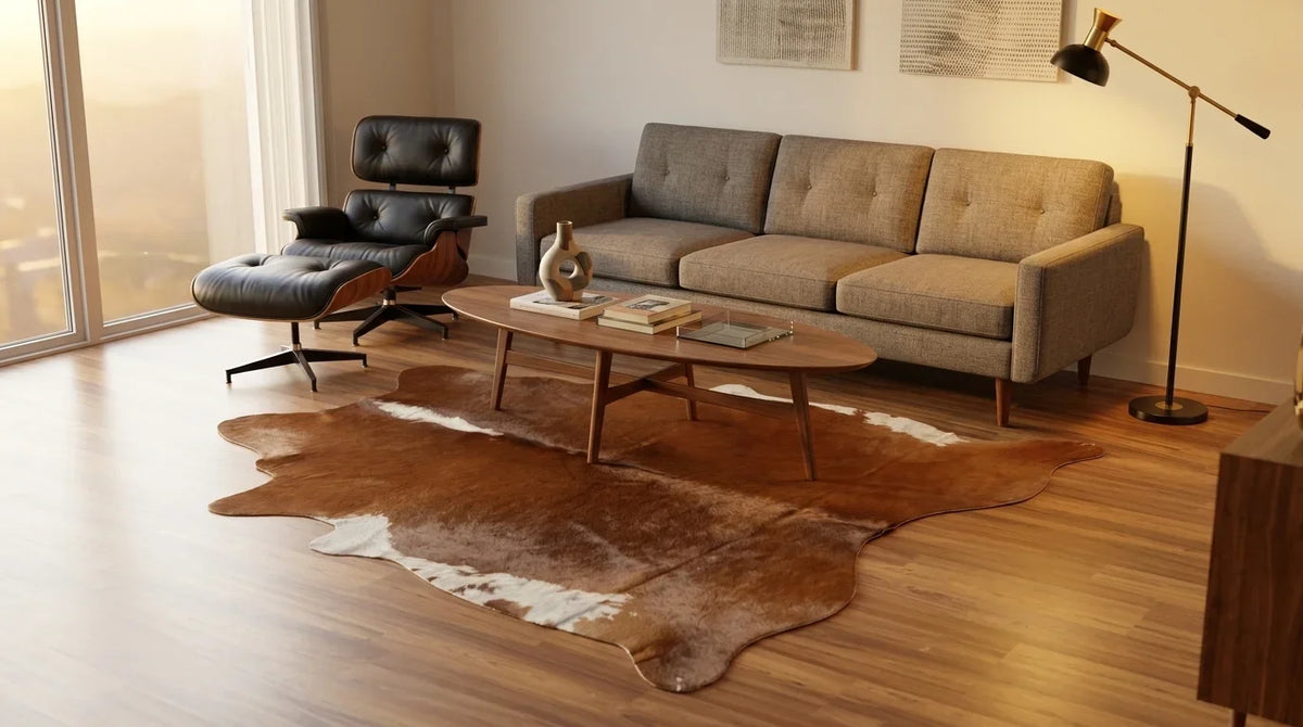 Brown and White cowhide rug on hardwood floor in Midcentury Modern living room