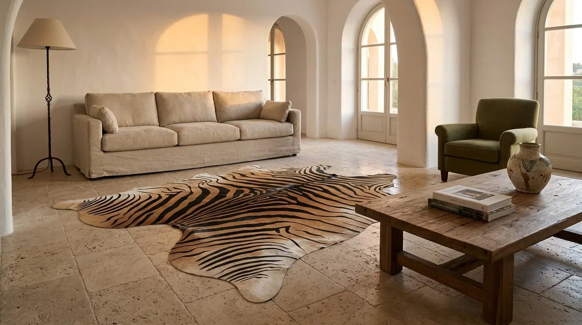 Brown and White cowhide rug on hardwood floor in organic mediterranean living room