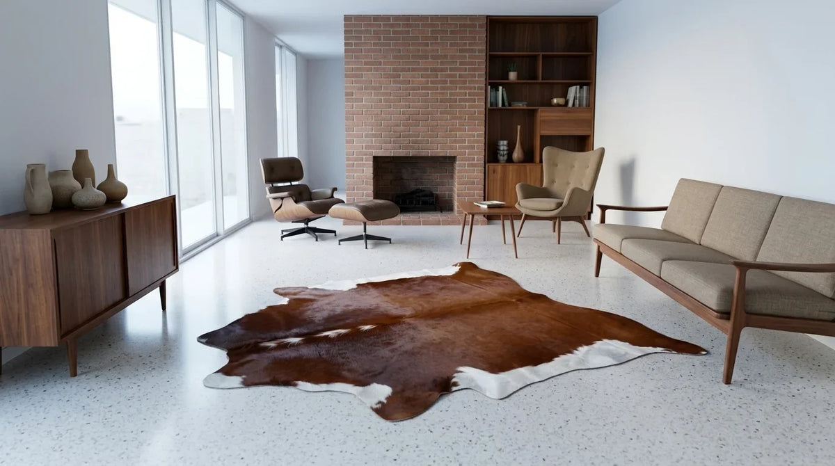 Brown and White cowhide rug on hardwood floor in Midcentury Modern living room