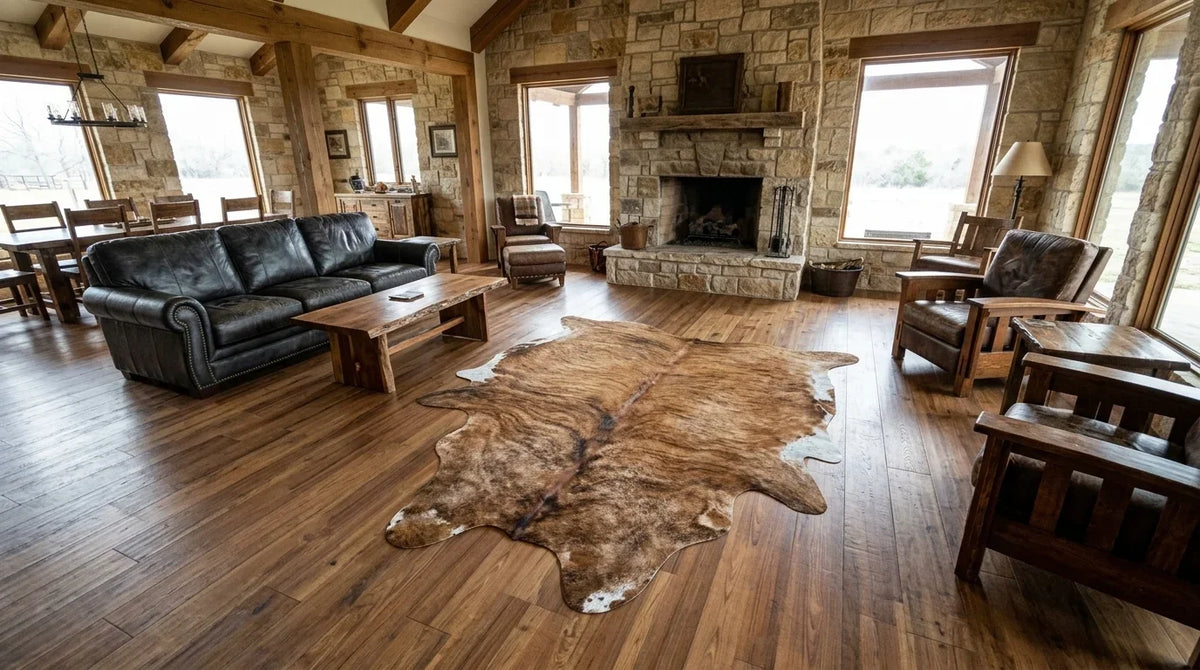 Brown and White cowhide rug on hardwood floor in texas ranch living room