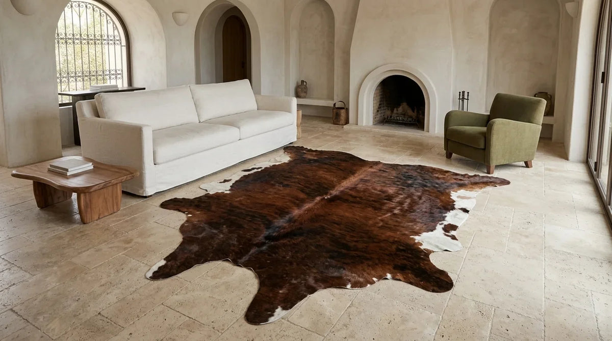 Brown and White cowhide rug on hardwood floor in Organic Mediterranean living room