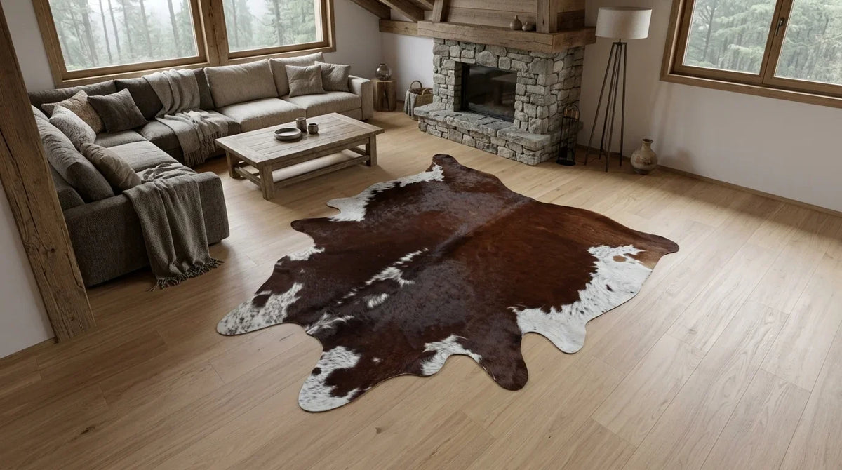 Brown and White cowhide rug on hardwood floor in modern chalet living room
