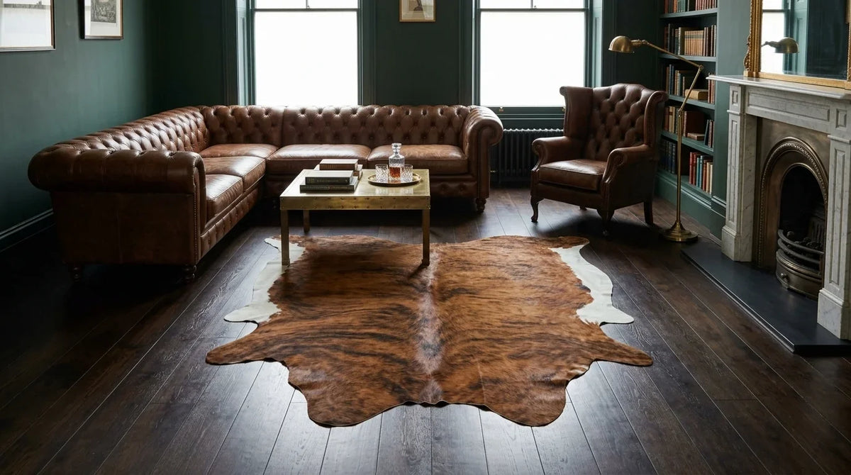 Brown and White cowhide rug on hardwood floor in london townhouse living room
