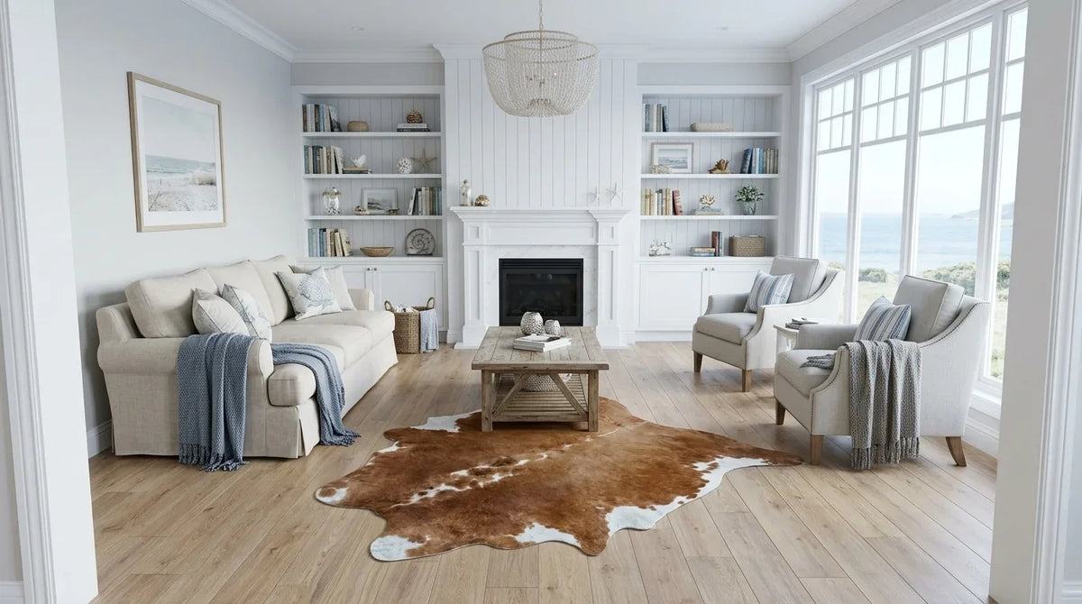 Brown and White cowhide rug on hardwood floor in hamptons coastal living room