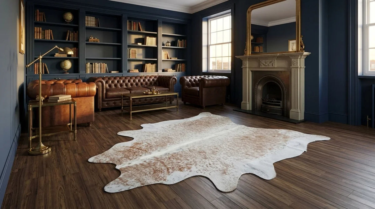 Brown and White cowhide rug on hardwood floor in london townhouse living room