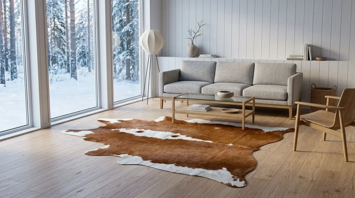 Brown and White cowhide rug on hardwood floor in scandinavian cabin living room