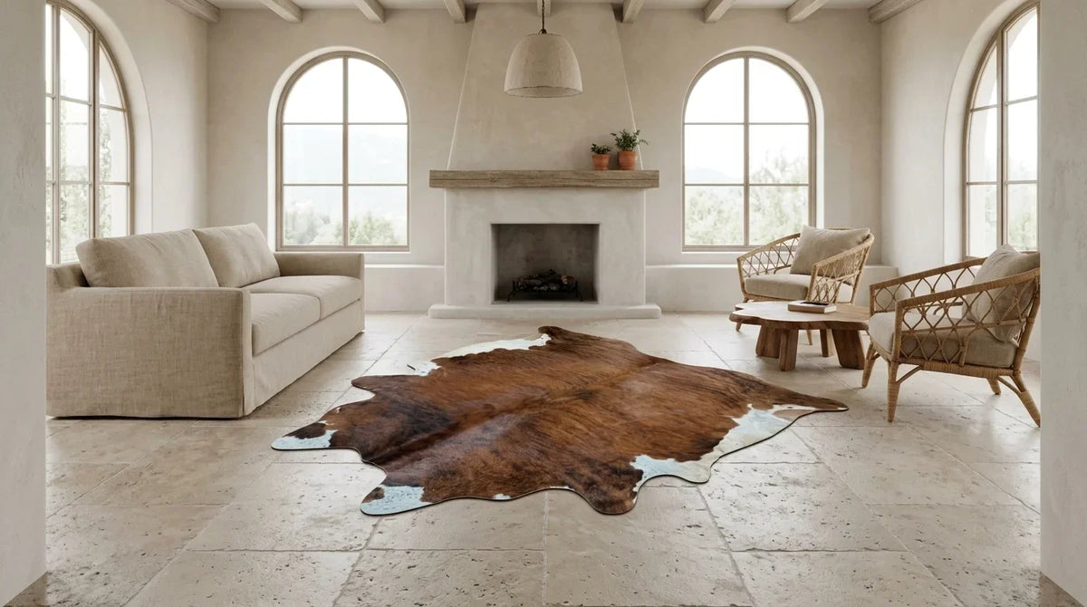 Brown and White cowhide rug on hardwood floor in organic mediterranean living room
