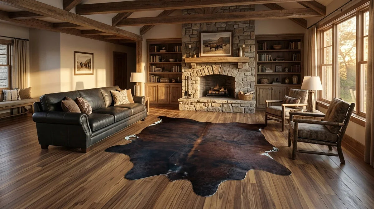 Brown and White cowhide rug on hardwood floor in texas ranch living room