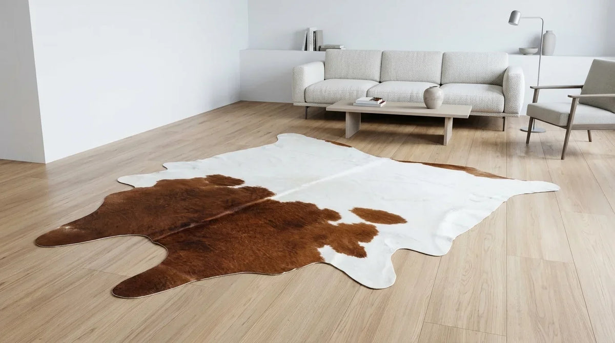 Brown and White cowhide rug on hardwood floor in contemporary european living room