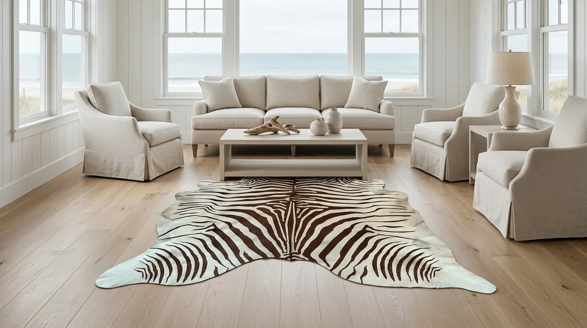 Brown and White cowhide rug on hardwood floor in hamptons coastal living room