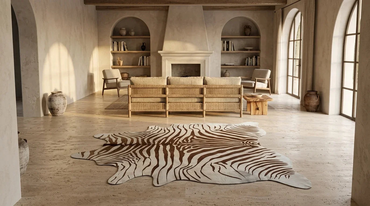 Brown and White cowhide rug on hardwood floor in organic mediterranean living room