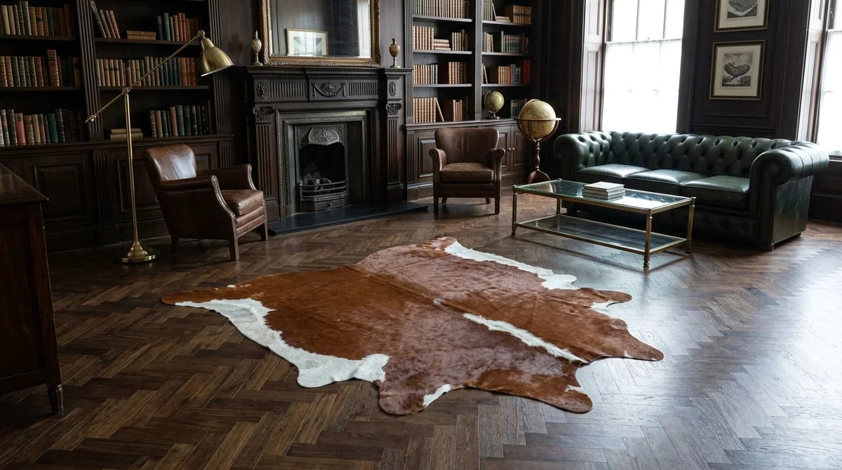Brown and White cowhide rug on hardwood floor in London Townhouse living room